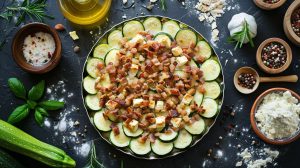 Recette de crumble aux trois courgettes, chèvre et lardons : saveurs gourmandes