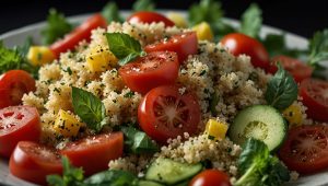 Recette de salade vegane de quinoa : concombre, poivrons et tomates