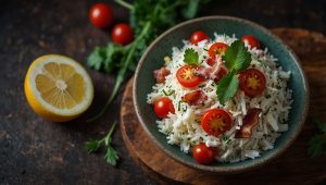 Recette de salade de riz basmati au bacon, légumes et sauce yaourt aux herbes