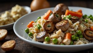 Risotto au poulet, légumes et champignons : recette facile et gourmande