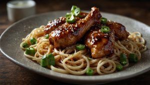 Poulet au caramel avec nouilles sautées : recette facile et savoureuse