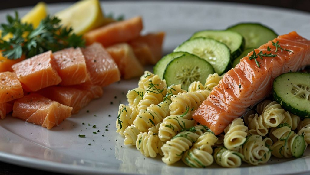 Recette facile : salade de pâtes au saumon, concombre et pommes