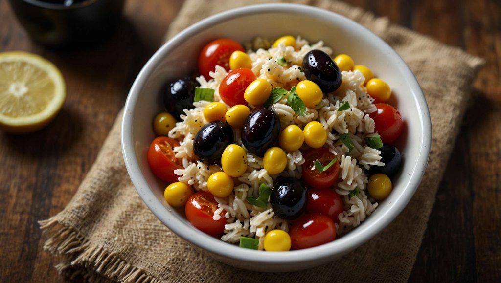 Recette facile de salade de riz au thon, tomates, maïs et olives