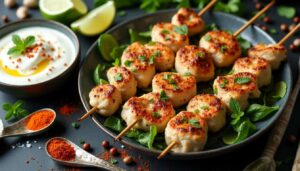 Recette de brochettes de poulet épicé et salade de concombre par Cyril Lignac