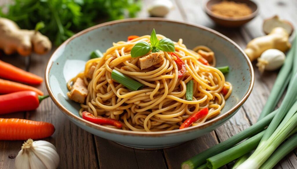 Recette de nouilles chinoises au poulet, gingembre et légumes – Découvrez les saveurs asiatiques