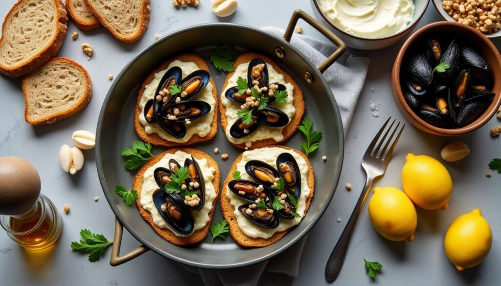 Recette de tartines au pain complet avec noix, ricotta au citron et moules en salade