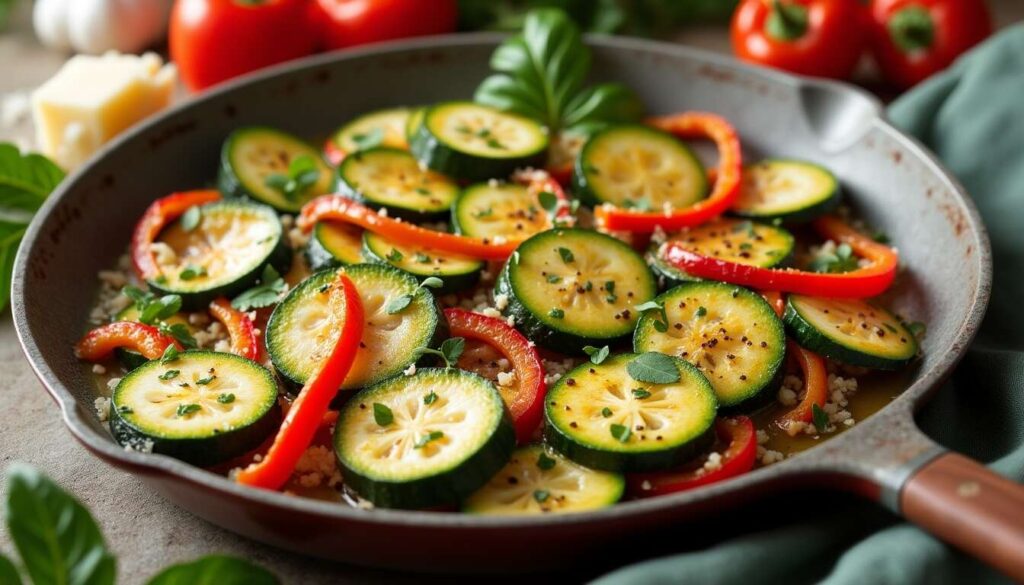 Poêlée de courgettes et poivrons au parmesan : recette facile et savoureuse