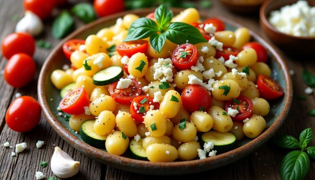 Recette de gnocchis à la tomate et courgette avec sauce à la feta