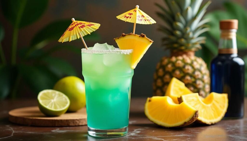 Recette cocktail tropical : ananas, citron vert, curaçao bleu et Cointreau