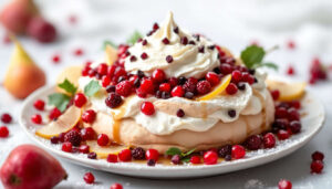 Pavlova de Noël vegan aux cranberries, grenade et poire