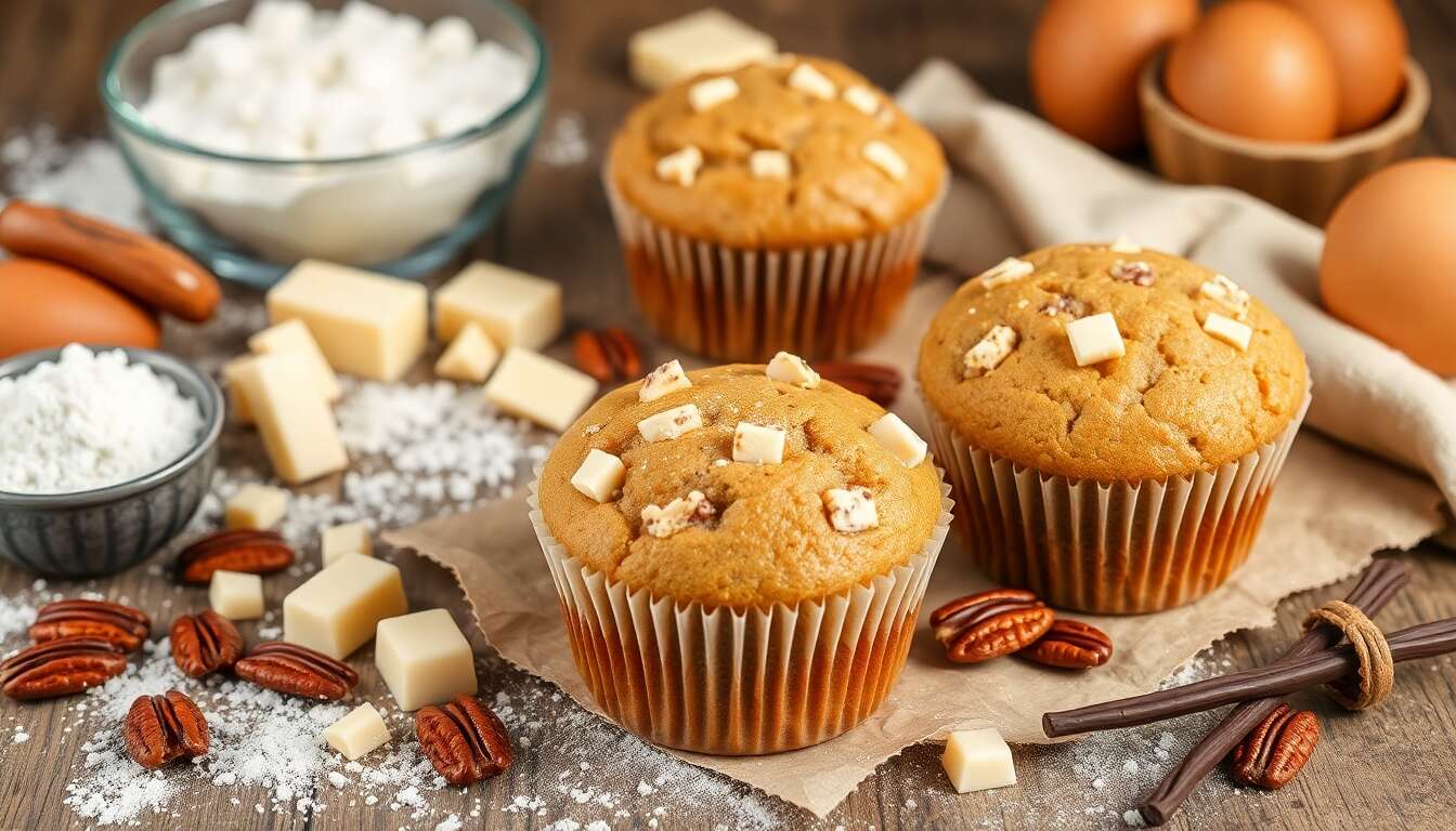 Muffins chocolat blanc et noix de pécan caramélisées : recette gourmande