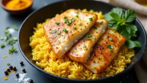 Filets d’églefin poêlés : recette facile et riz au curcuma