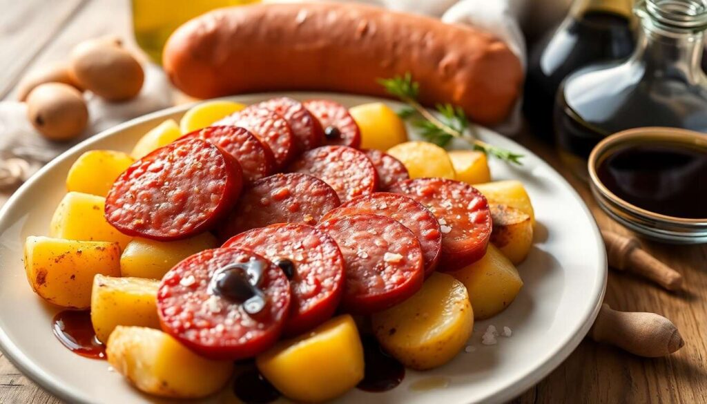 Recette de saucisson lyonnais sur pommes de terre tièdes