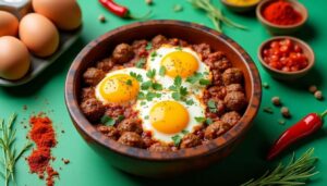 Chakchouka aux merguez et œufs : recette savoureuse