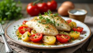 Filet de merlan au four : un repas savoureux avec pommes de terre et tomates