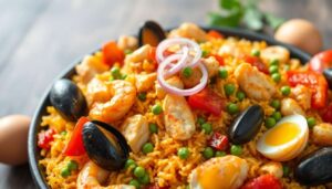 Paella espagnole : recette au poulet et fruits de mer