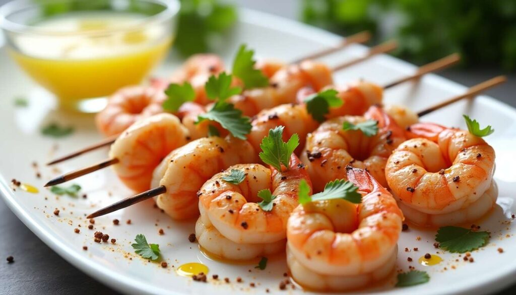 Brochettes de crevettes marinées : ail et coriandre
