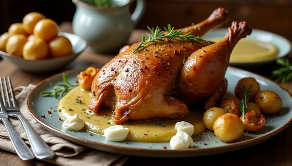 Faisan rôti à la crème de girolles et pommes de terre