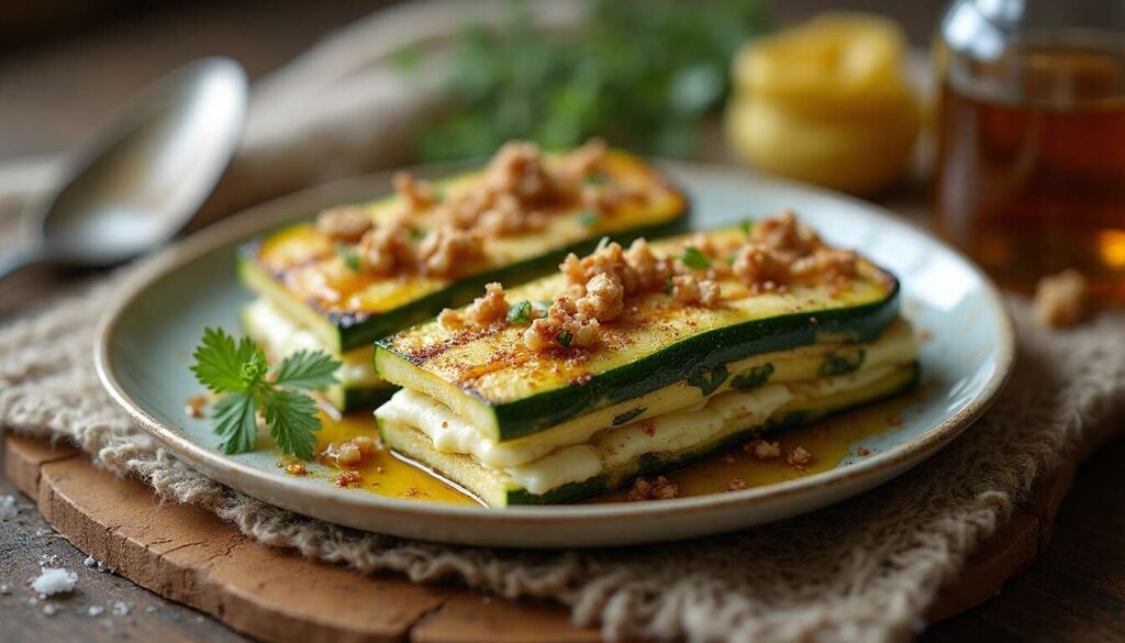 Mille-feuille de courgette grillée au fromage bleu : recette savoureuse