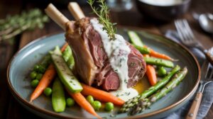 Souris d'agneau à la crème de fromage et légumes de printemps