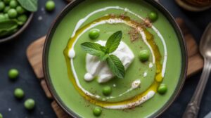 Velouté de petits pois à la menthe et fromage frais
