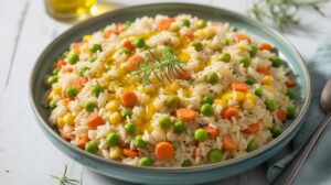 Riz printanier léger aux petits légumes : recette saine et savoureuse