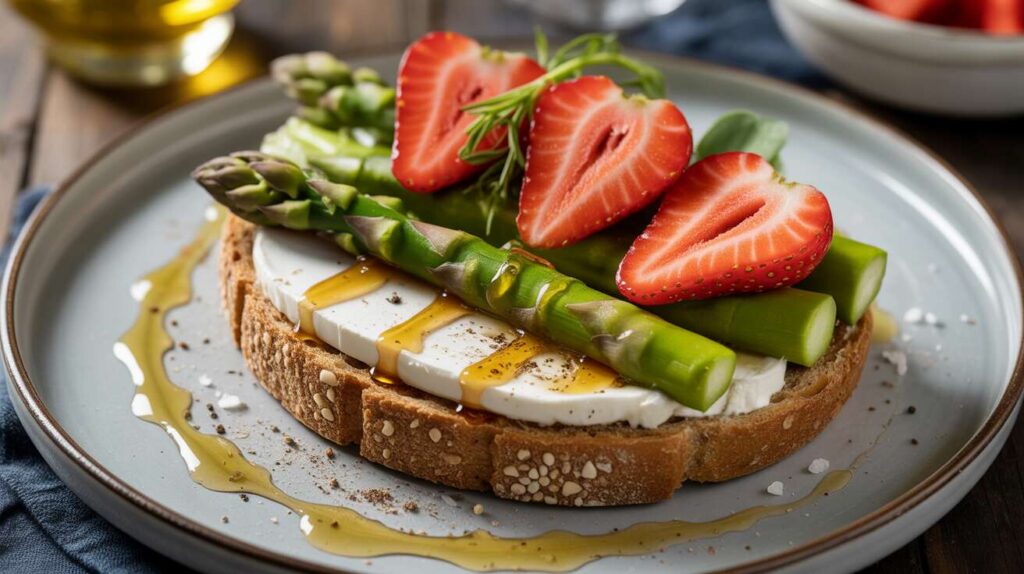 Recette : tartine au fromage frais, asperge verte et fraise