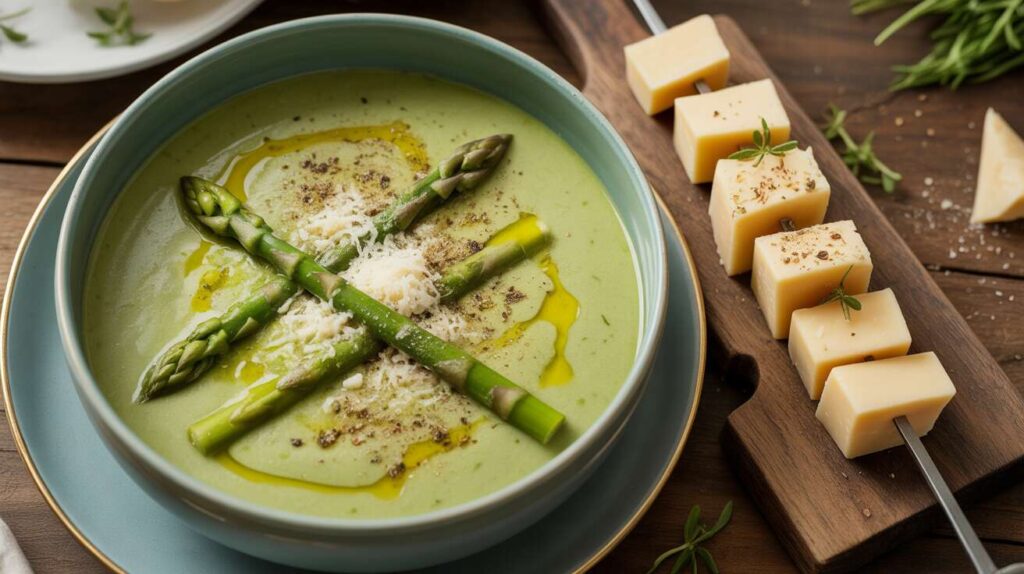 Velouté d'asperges vertes et brochette italienne de fromage frais