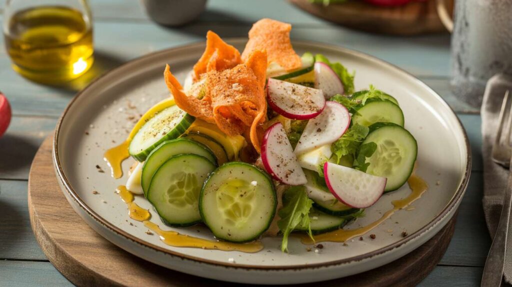 Salade de concombre, radis, fromage frais et chips de carotte : recette facile