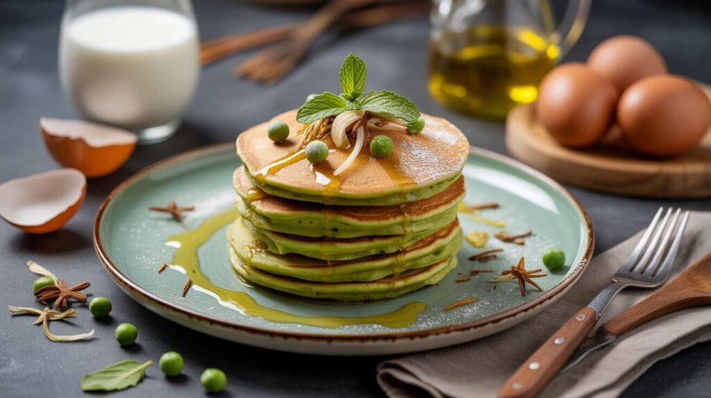 Pancakes légers au thé vert : petits pois, menthe et oignon