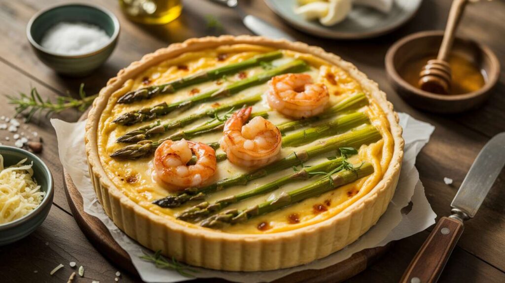Recette légère : quiche aux asperges et crevettes au miel