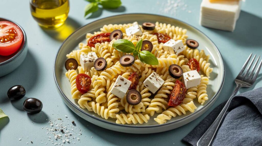 Salade légère : pâtes froides, olives noires et feta