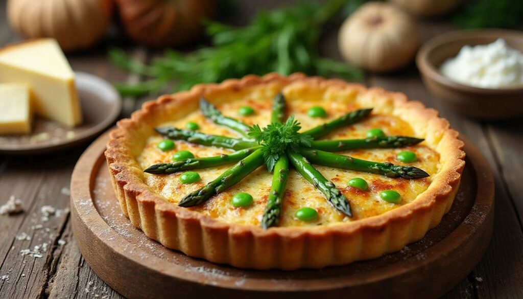 Quiche Asperges, petits Pois et Fromage de Brebis : recette Savoureuse