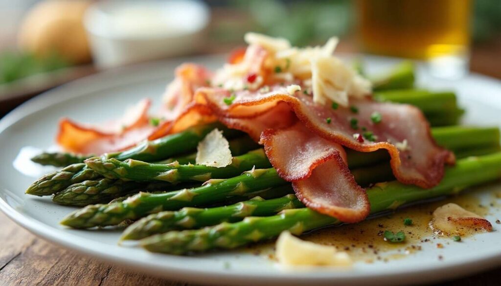 Salade d&rsquo;asperges vertes au lard grillé et fromage : recette savoureuse