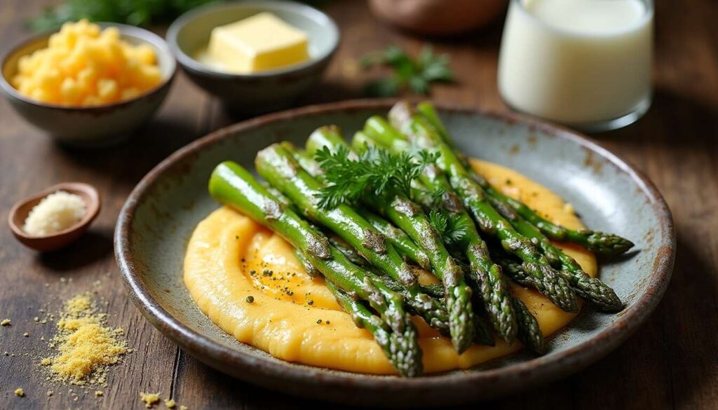 Recette d&rsquo;asperges vertes à la purée de cheddar