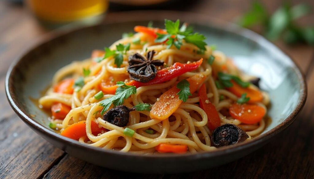 Sauté de petits légumes anisés à l&rsquo;orange et nouilles