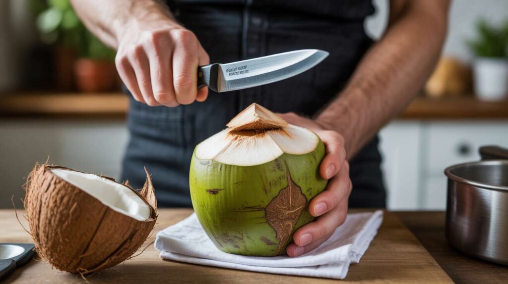 Comment ouvrir une noix de coco fraîche facilement et récupérer l'eau et la chair sans danger