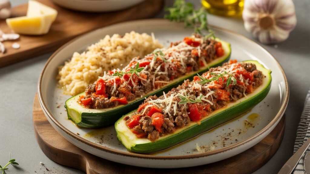 Courgettes farcies légères : viande hachée, tomate & parmesan