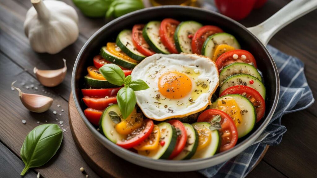 Poêlée de légumes d'été au fromage de brebis frais et œuf parfait