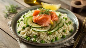 Salade de riz d'été : saumon, concombres et petits pois légers