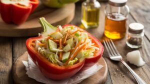 Salade légère de chou, pomme et carottes en bol de poivron : une recette minceur savoureuse