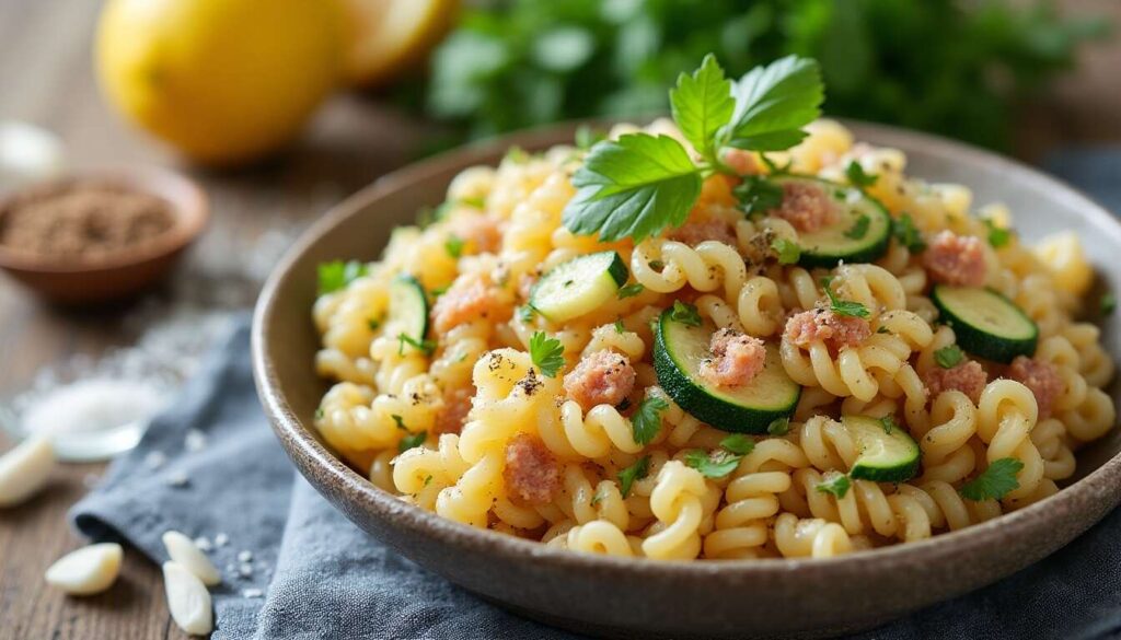 Salade légère de fusilli complets : recette aux anchois et courgettes