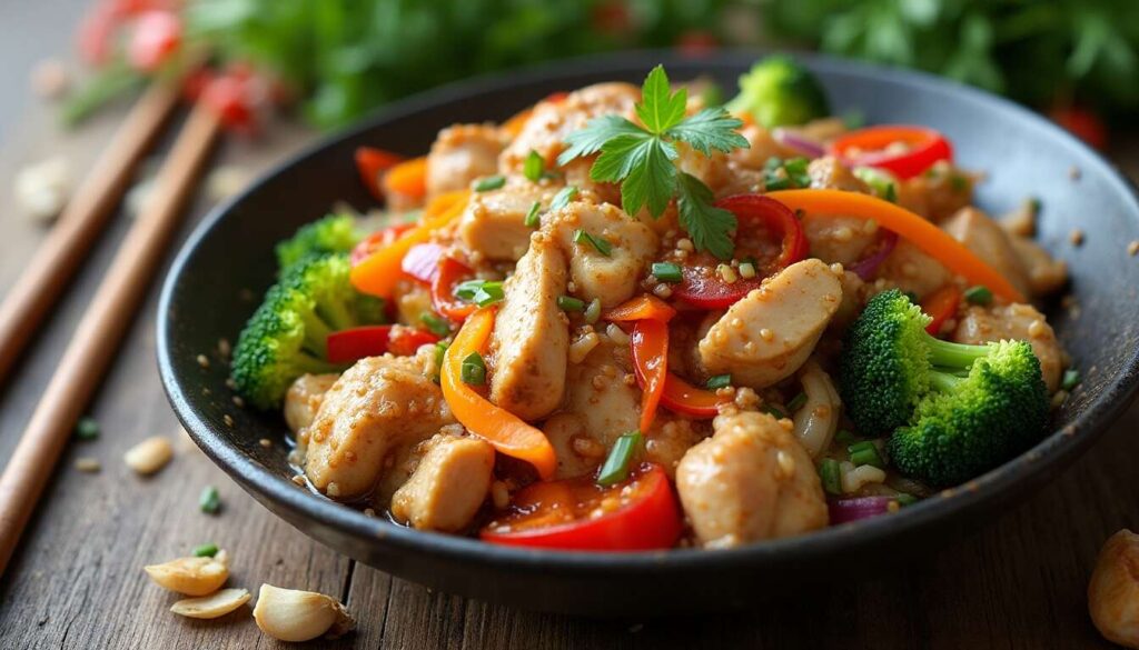 Sauté léger de légumes, poulet et gingembre à la sauce soja