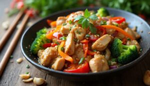 Sauté léger de légumes, poulet et gingembre à la sauce soja
