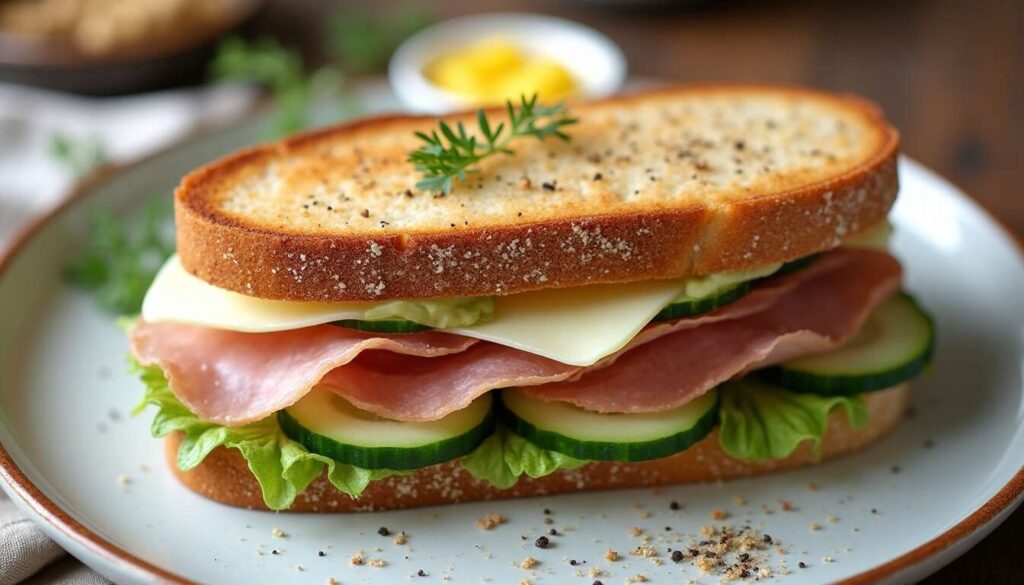 Recette : club Sandwich Concombre, viande des Grisons et Fromage
