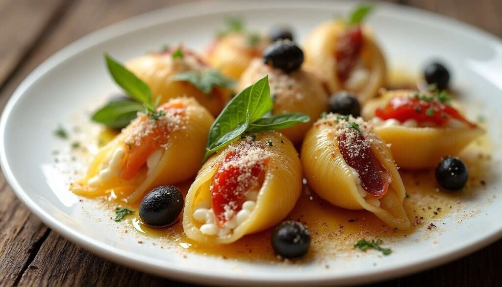 Conchiglioni farcis au chèvre, tomates séchées et olives noires : recette savoureuse