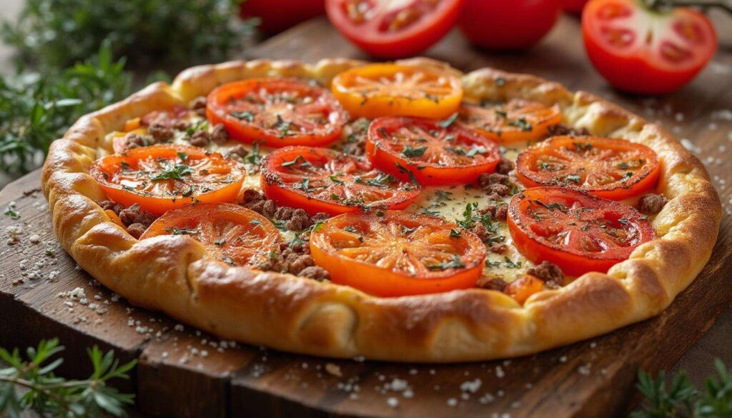 Recette de tarte aux tomates, fromages, lardons et moutarde à l&rsquo;ancienne
