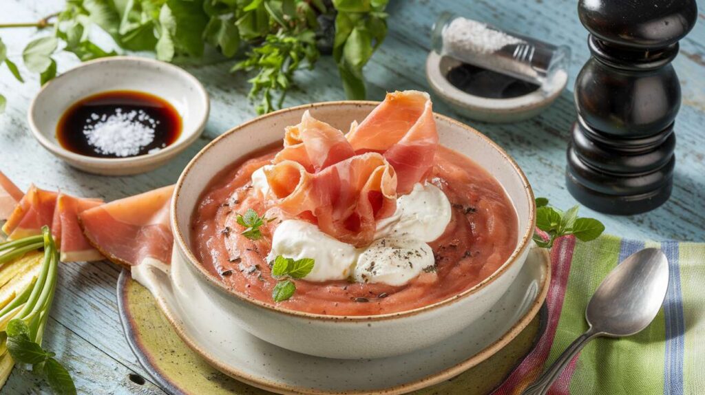 Gaspacho de melon au fromage frais et jambon de Parme croustillant