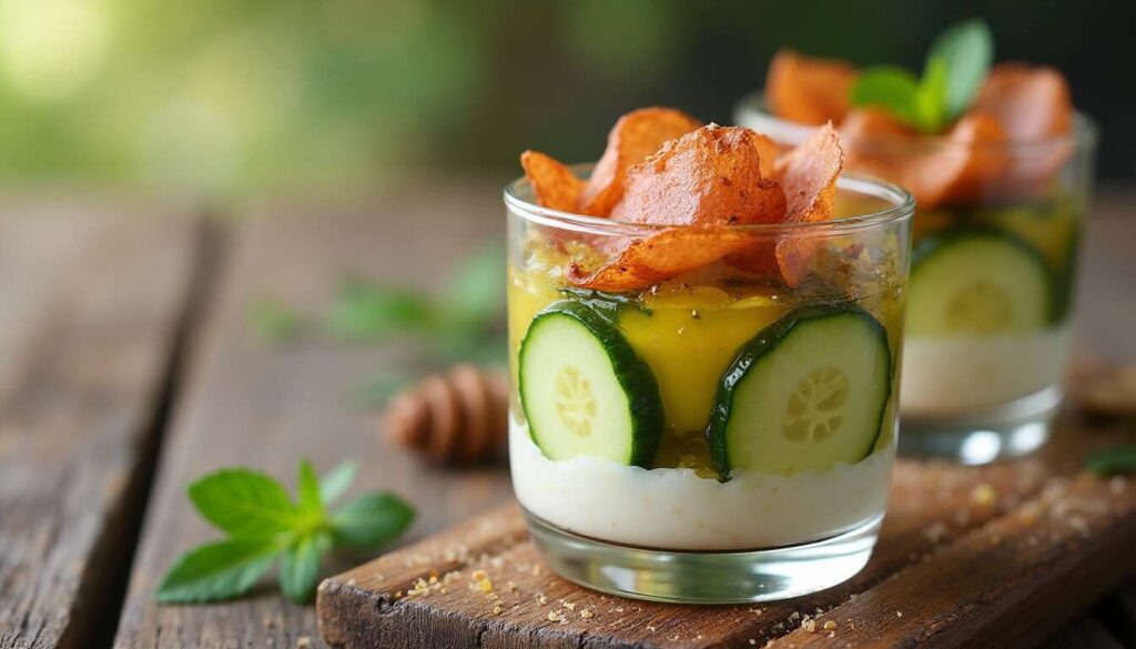 Verrine de chèvre frais, concombre et porc séché : recette fraîche et gourmande