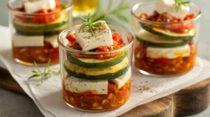 Verrines apéritives : tomates, courgettes et fromage de brebis